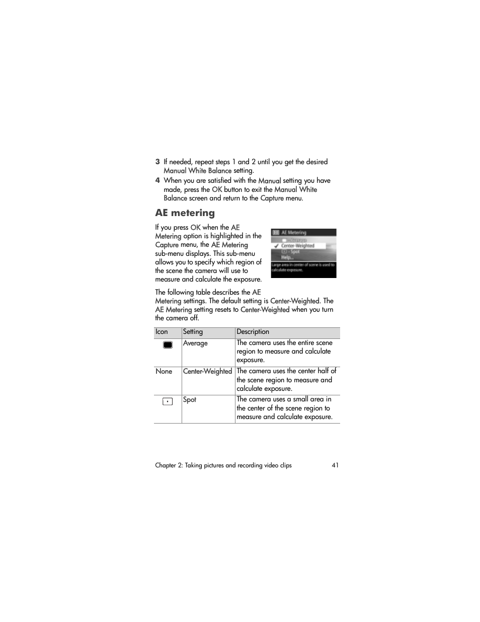 Ae metering | HP PHOTOSMART 930 User Manual | Page 41 / 136