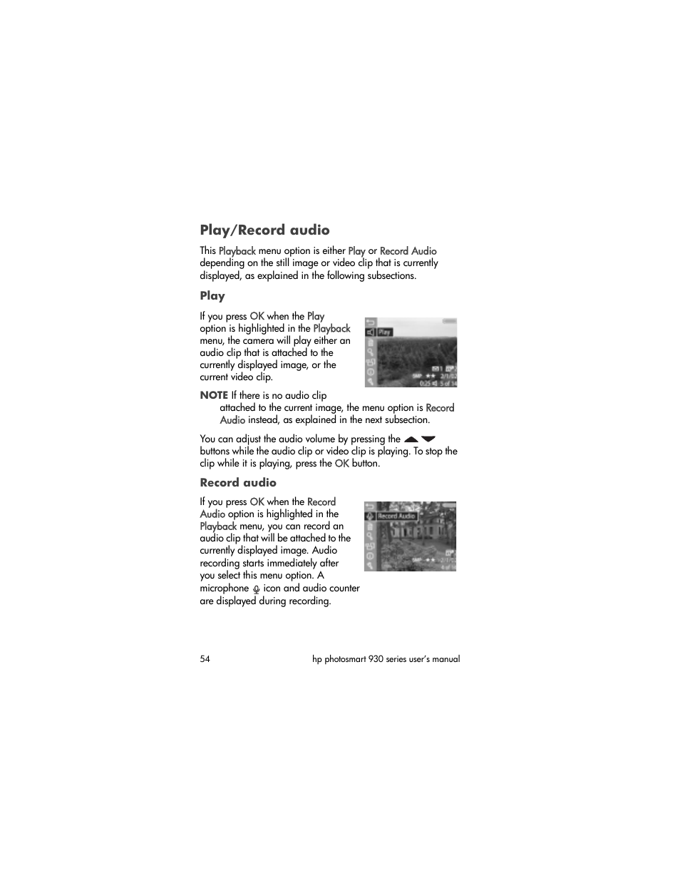 Play / record audio, Play/record audio, Play record audio | Record audio | HP PHOTOSMART 930 User Manual | Page 54 / 136