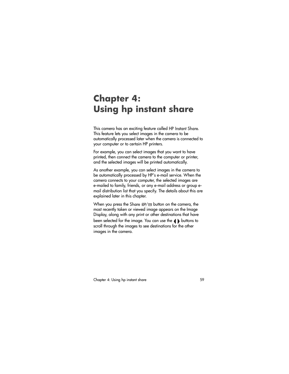 Using hp instant share, Chapter 4: using hp instant share, Chapter 4: using hp instant | Share | HP PHOTOSMART 930 User Manual | Page 59 / 136