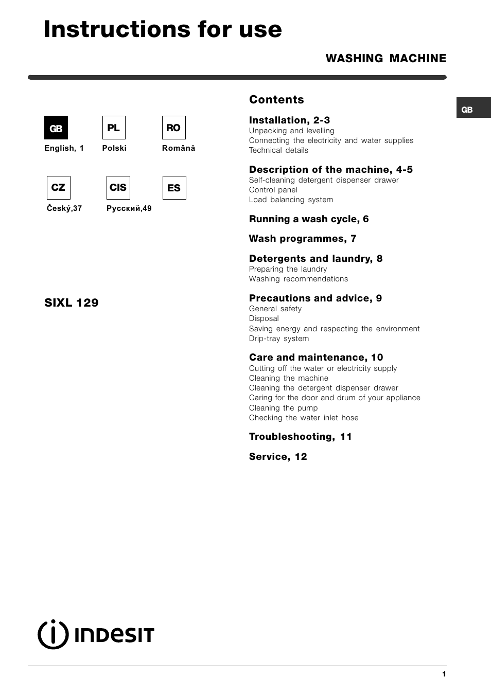 Indesit SIXL 129 User Manual | 72 pages