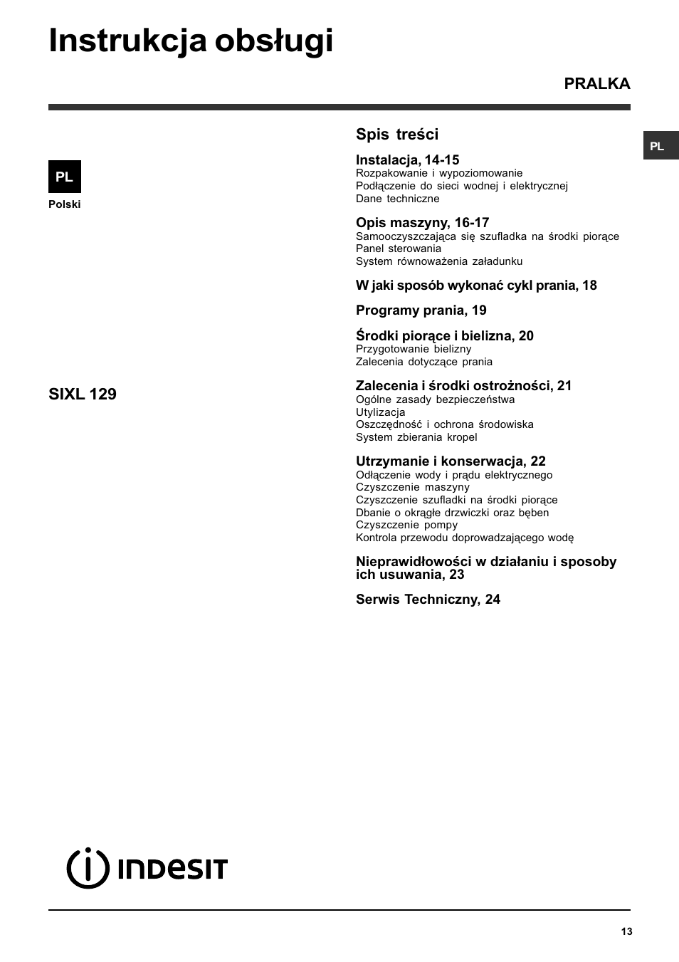Instrukcja obs³ugi, Spis treci, Pralka sixl 129 | Indesit SIXL 129 User Manual | Page 13 / 72