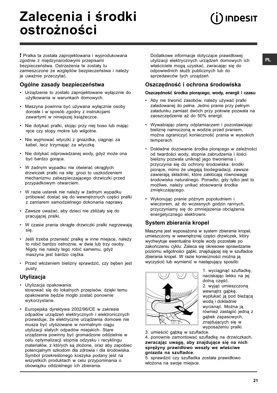 Zalecenia i rodki ostro¿noci | Indesit SIXL 129 User Manual | Page 21 / 72