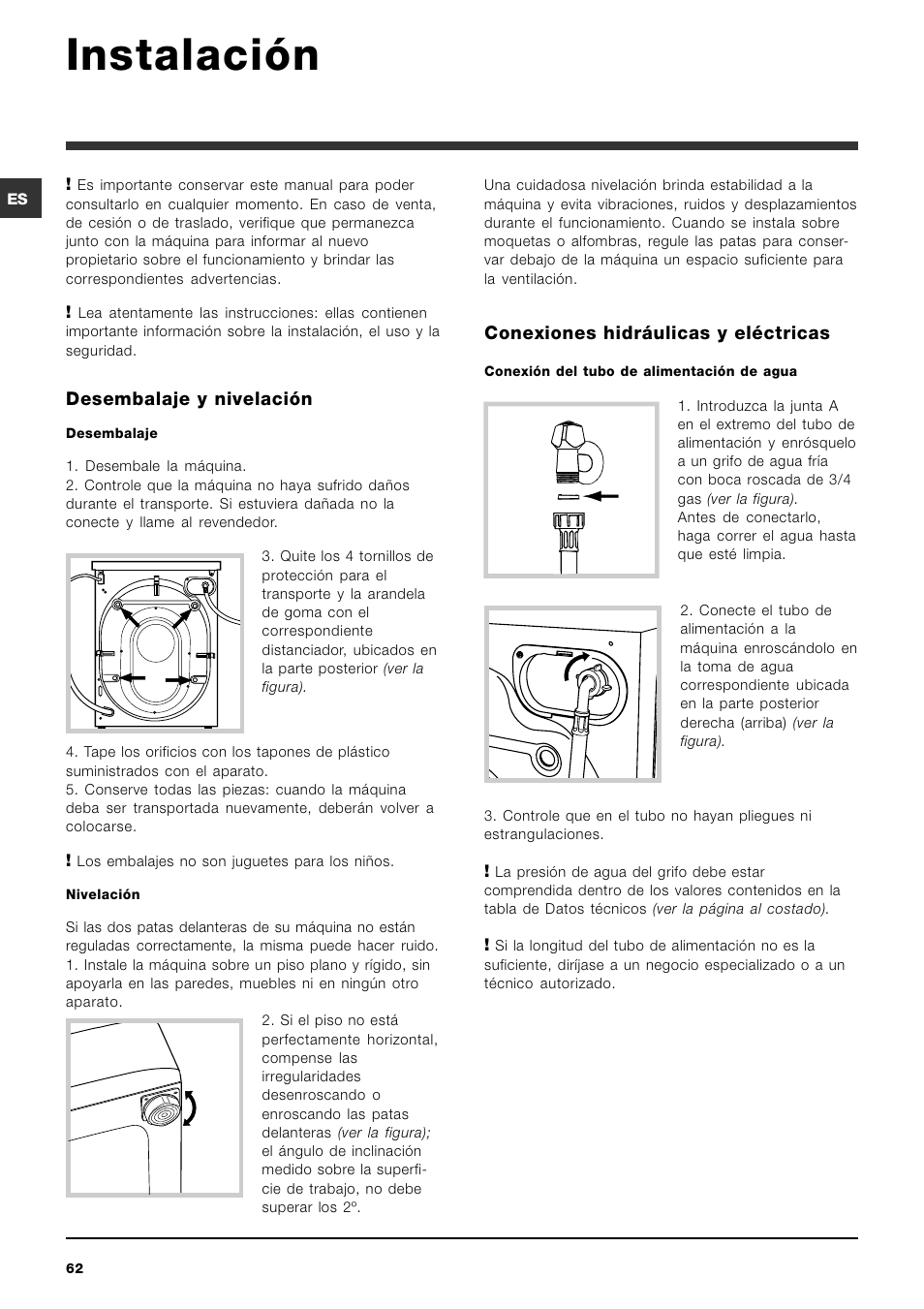 Instalación, Desembalaje y nivelación, Conexiones hidráulicas y eléctricas | Indesit SIXL 129 User Manual | Page 62 / 72
