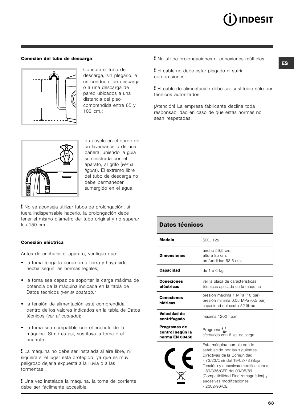 Datos técnicos | Indesit SIXL 129 User Manual | Page 63 / 72