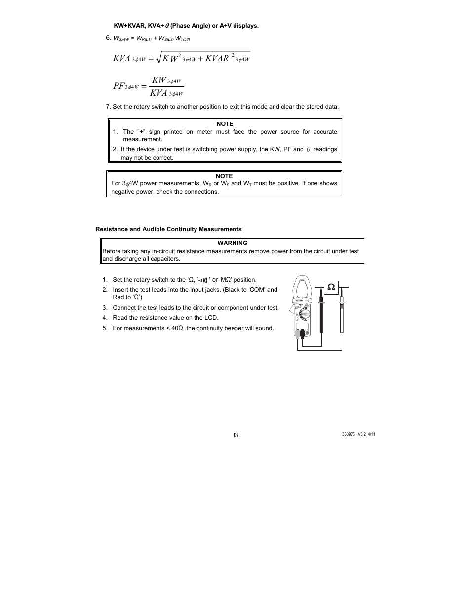 Kva kw kvar, Pf kw kva | HP Extech 380976 User Manual | Page 13 / 20