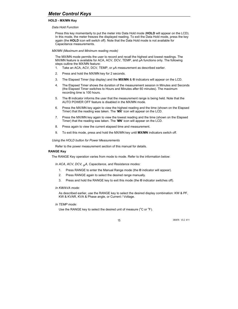 Meter control keys | HP Extech 380976 User Manual | Page 15 / 20