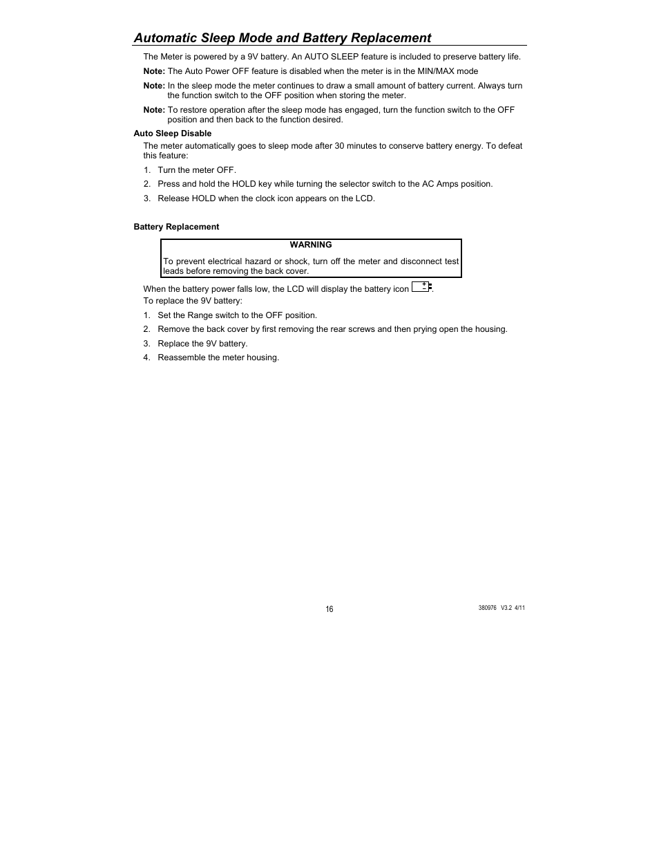 Automatic sleep mode and battery replacement | HP Extech 380976 User Manual | Page 16 / 20