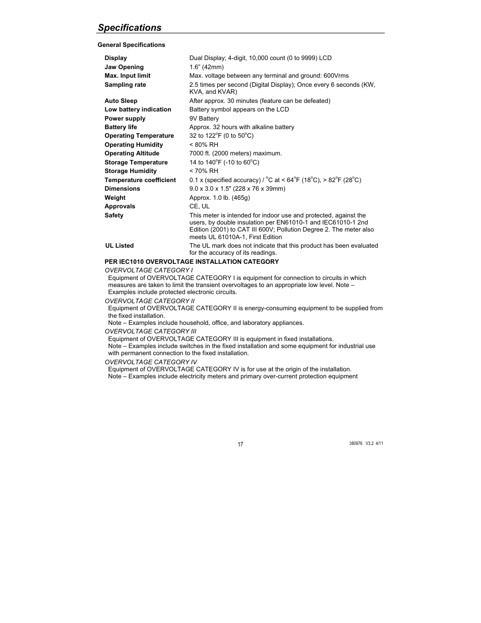 Specifications | HP Extech 380976 User Manual | Page 17 / 20