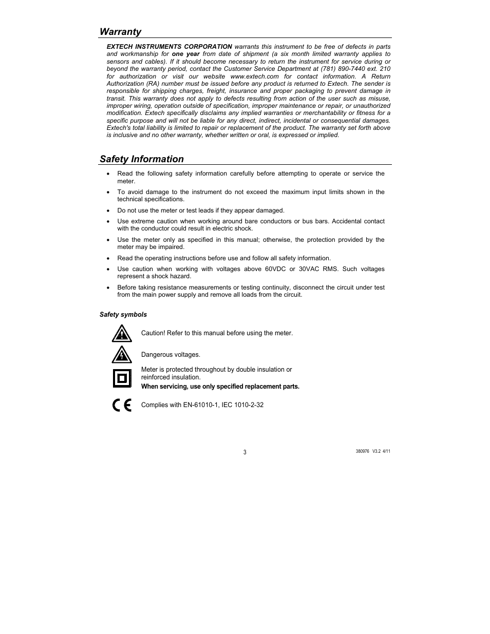 Warranty, Safety information | HP Extech 380976 User Manual | Page 3 / 20