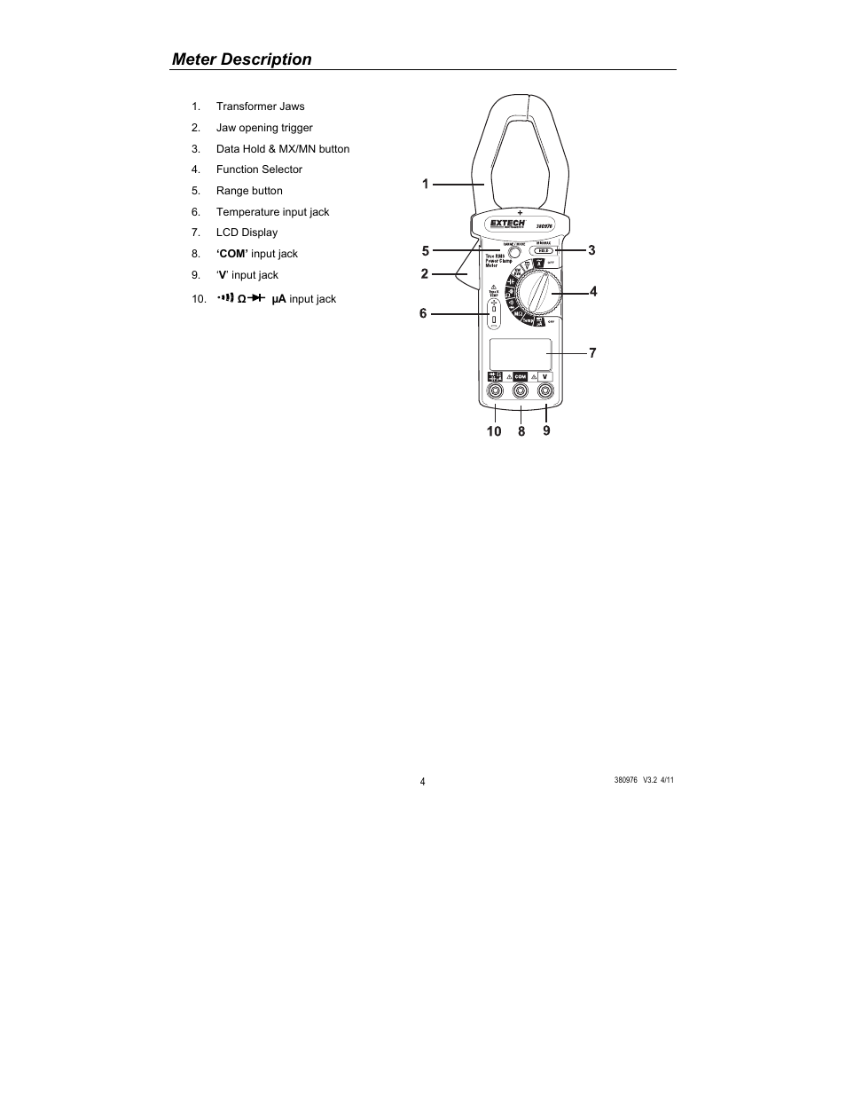 Meter description | HP Extech 380976 User Manual | Page 4 / 20