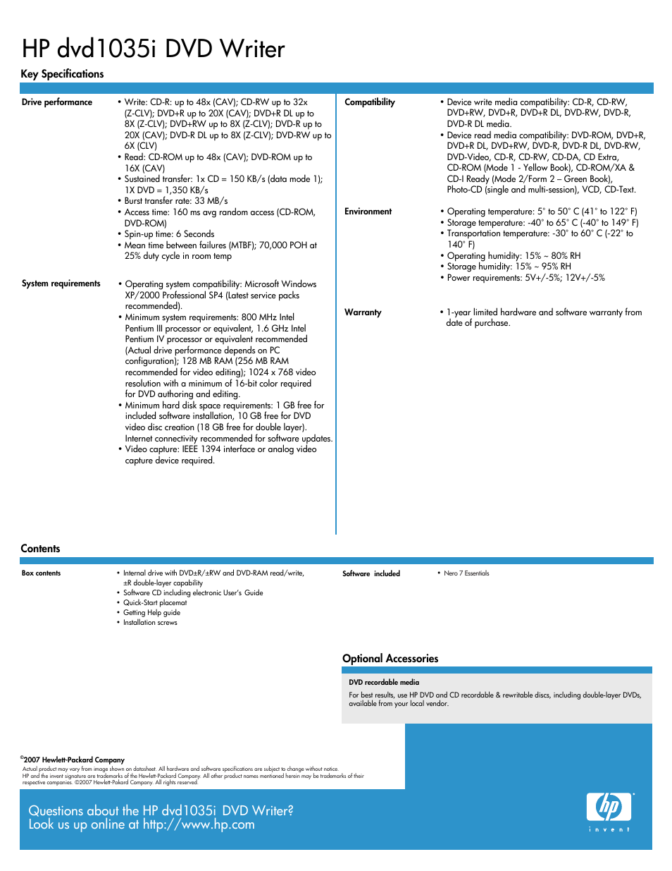 Hp dvd1035i dvd writer | HP 1035I User Manual | Page 2 / 2