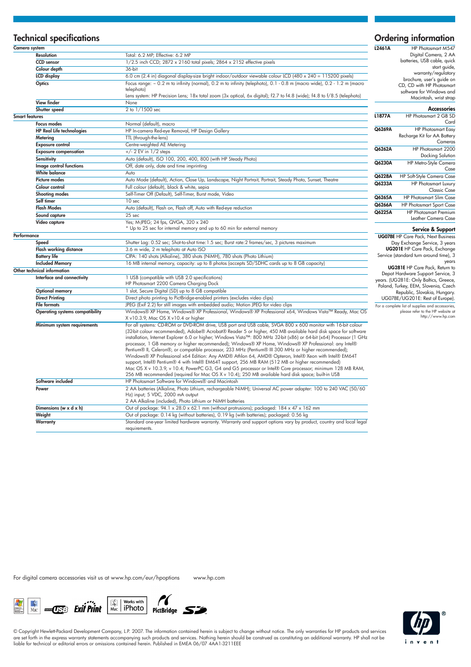 Technical specifications, Ordering information | HP PhotoSmart M547 User Manual | Page 2 / 2