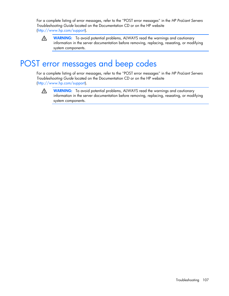 Post error messages and beep codes | HP DL980 G7 User Manual | Page 107 / 134