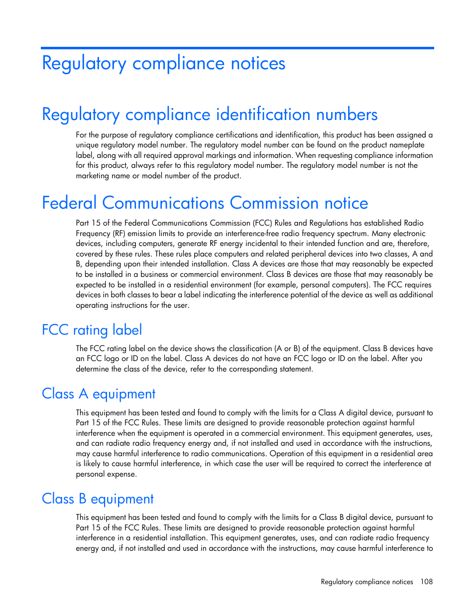 Regulatory compliance notices, Regulatory compliance identification numbers, Federal communications commission notice | Fcc rating label, Class a equipment, Class b equipment | HP DL980 G7 User Manual | Page 108 / 134