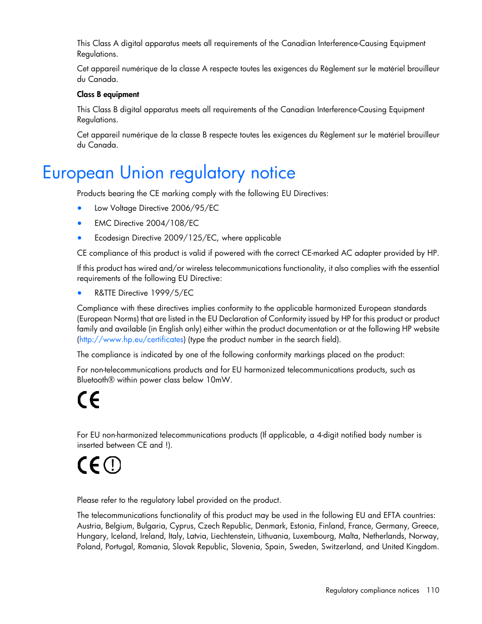 European union regulatory notice | HP DL980 G7 User Manual | Page 110 / 134