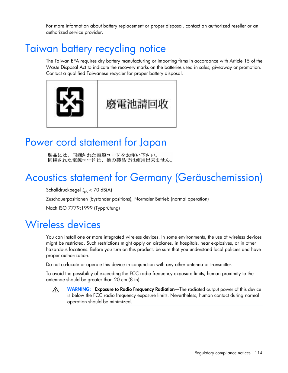 Taiwan battery recycling notice, Power cord statement for japan, Acoustics statement for germany (geräuschemission) | Wireless devices | HP DL980 G7 User Manual | Page 114 / 134