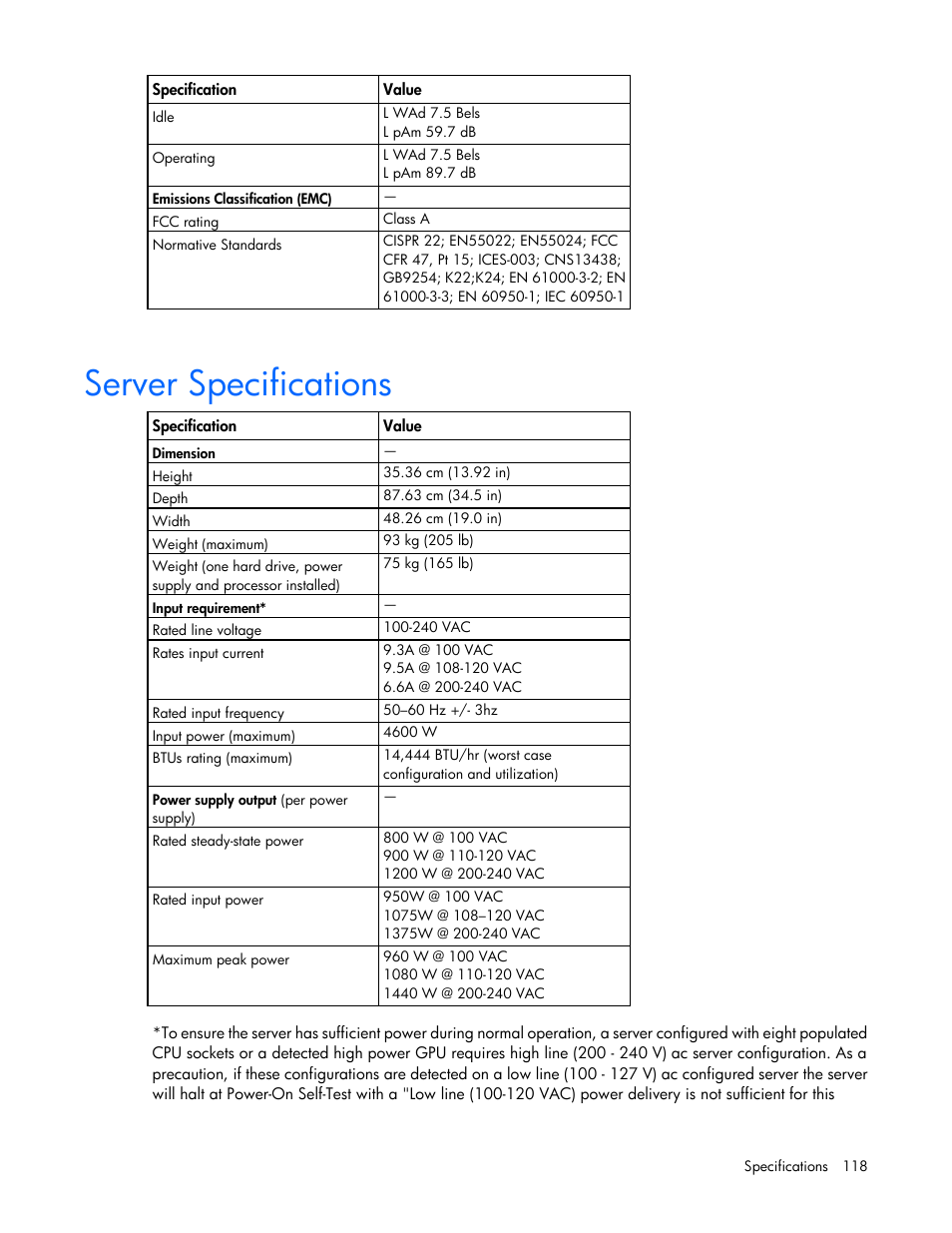 Server specifications | HP DL980 G7 User Manual | Page 118 / 134