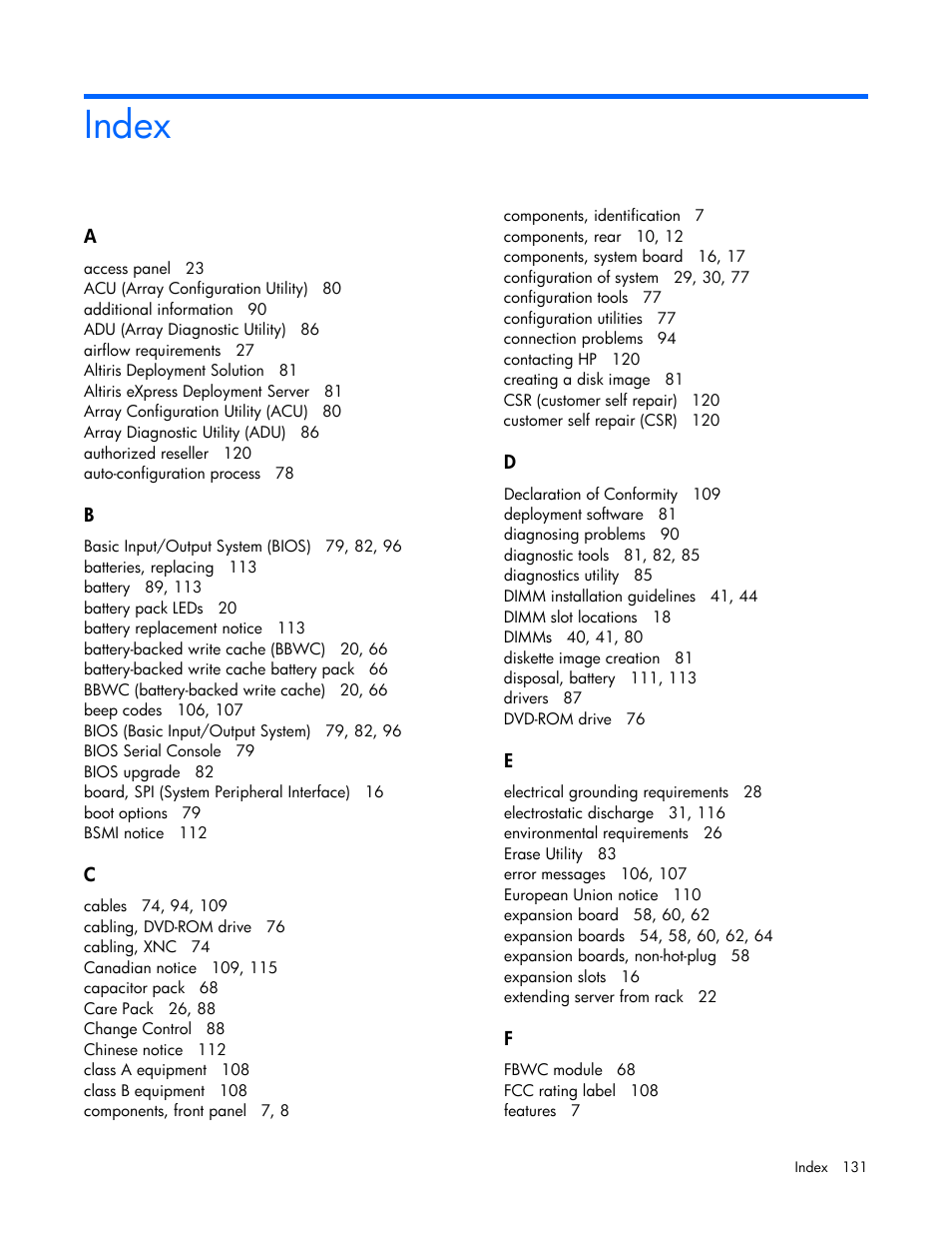 Index | HP DL980 G7 User Manual | Page 131 / 134