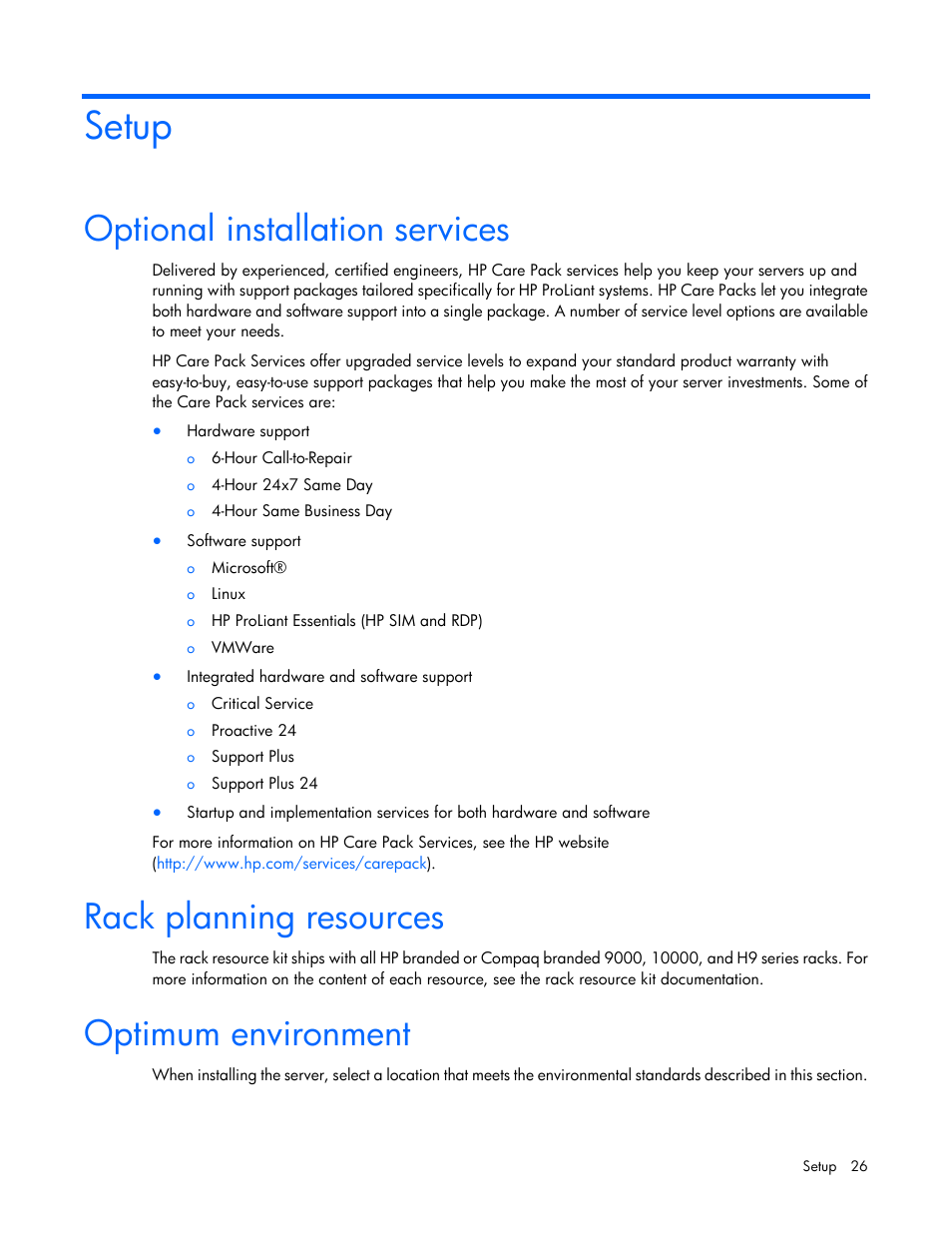 Setup, Optional installation services, Rack planning resources | Optimum environment | HP DL980 G7 User Manual | Page 26 / 134