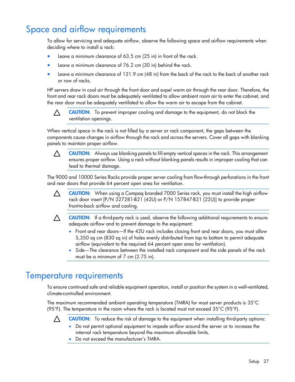 Space and airflow requirements, Temperature requirements | HP DL980 G7 User Manual | Page 27 / 134