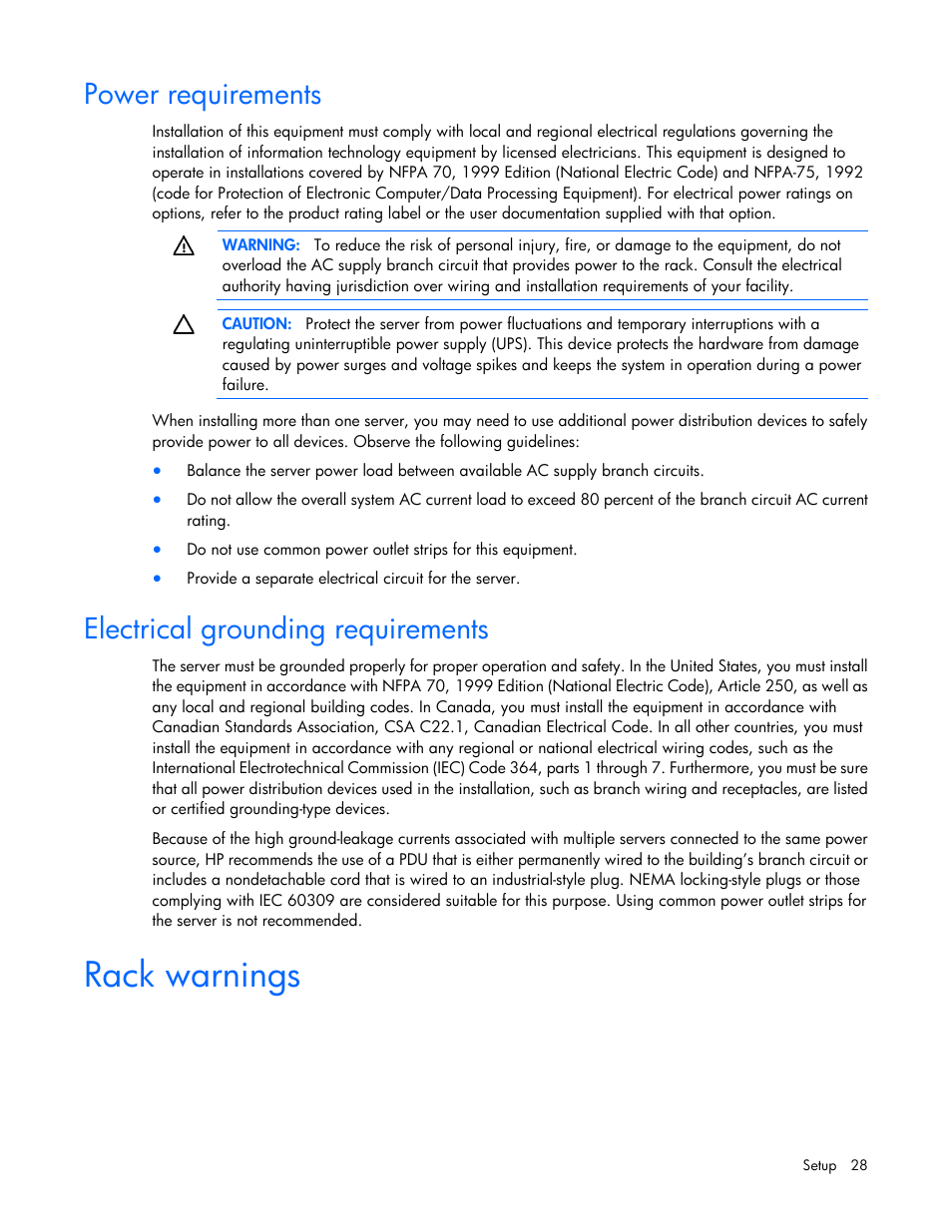 Power requirements, Electrical grounding requirements, Rack warnings | HP DL980 G7 User Manual | Page 28 / 134