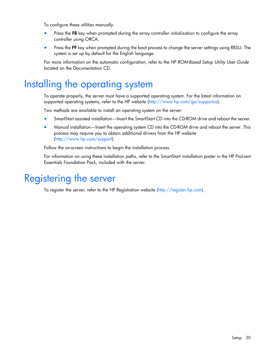 Installing the operating system, Registering the server | HP DL980 G7 User Manual | Page 30 / 134