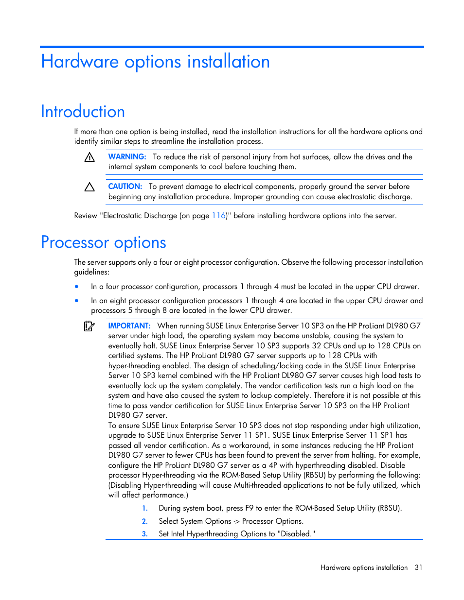 Hardware options installation, Introduction, Processor options | HP DL980 G7 User Manual | Page 31 / 134