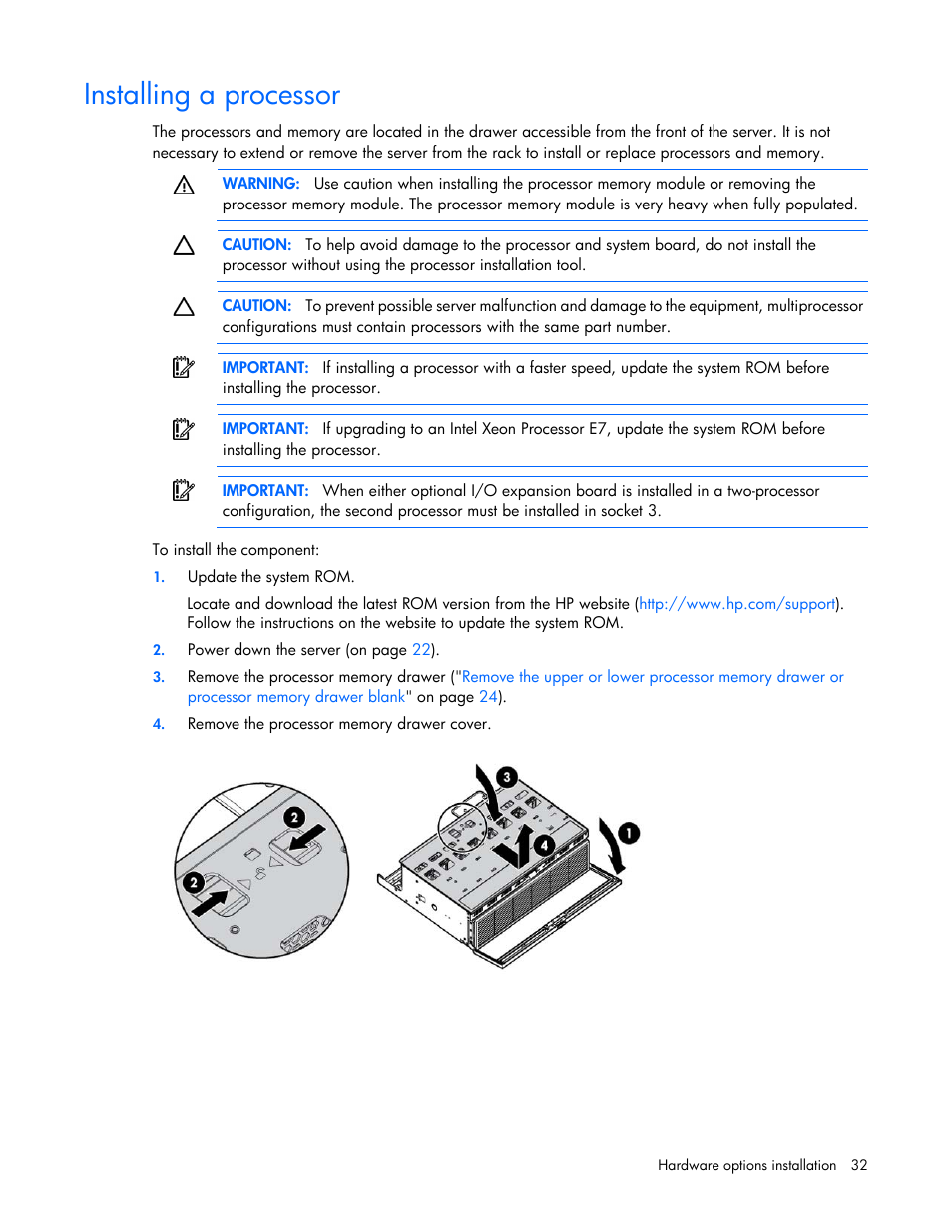 Installing a processor | HP DL980 G7 User Manual | Page 32 / 134