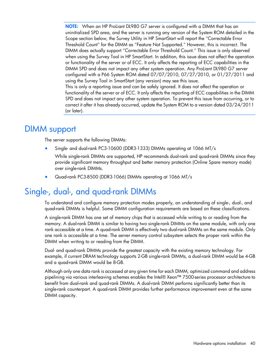 Dimm support, Single-, dual-, and quad-rank dimms | HP DL980 G7 User Manual | Page 40 / 134