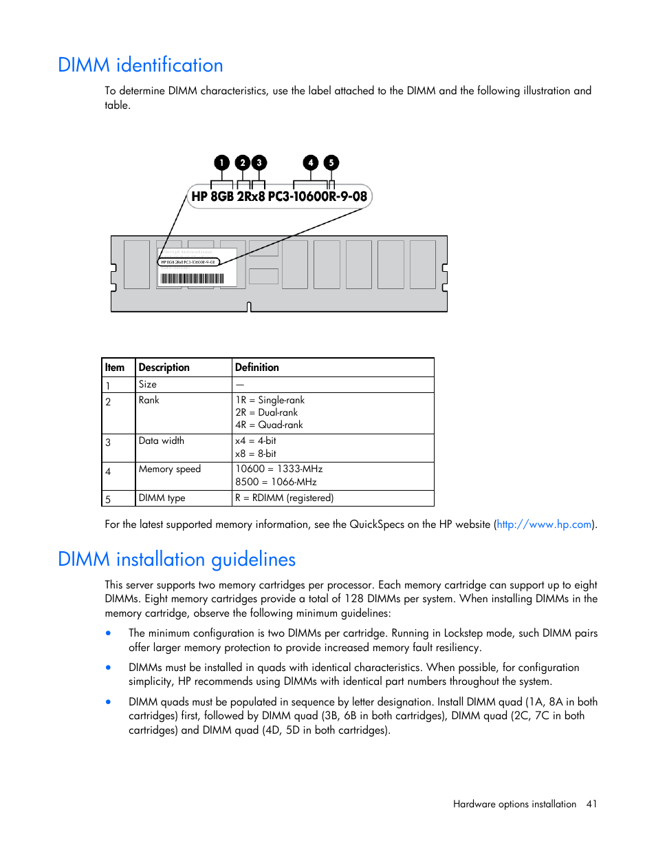 Dimm identification, Dimm installation guidelines | HP DL980 G7 User Manual | Page 41 / 134