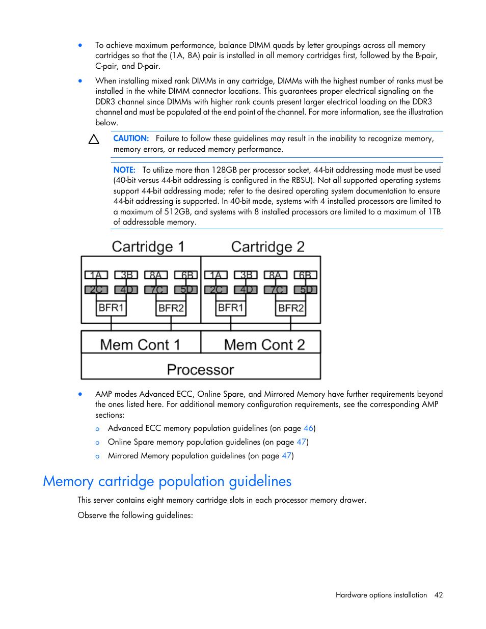 Memory cartridge population guidelines | HP DL980 G7 User Manual | Page 42 / 134