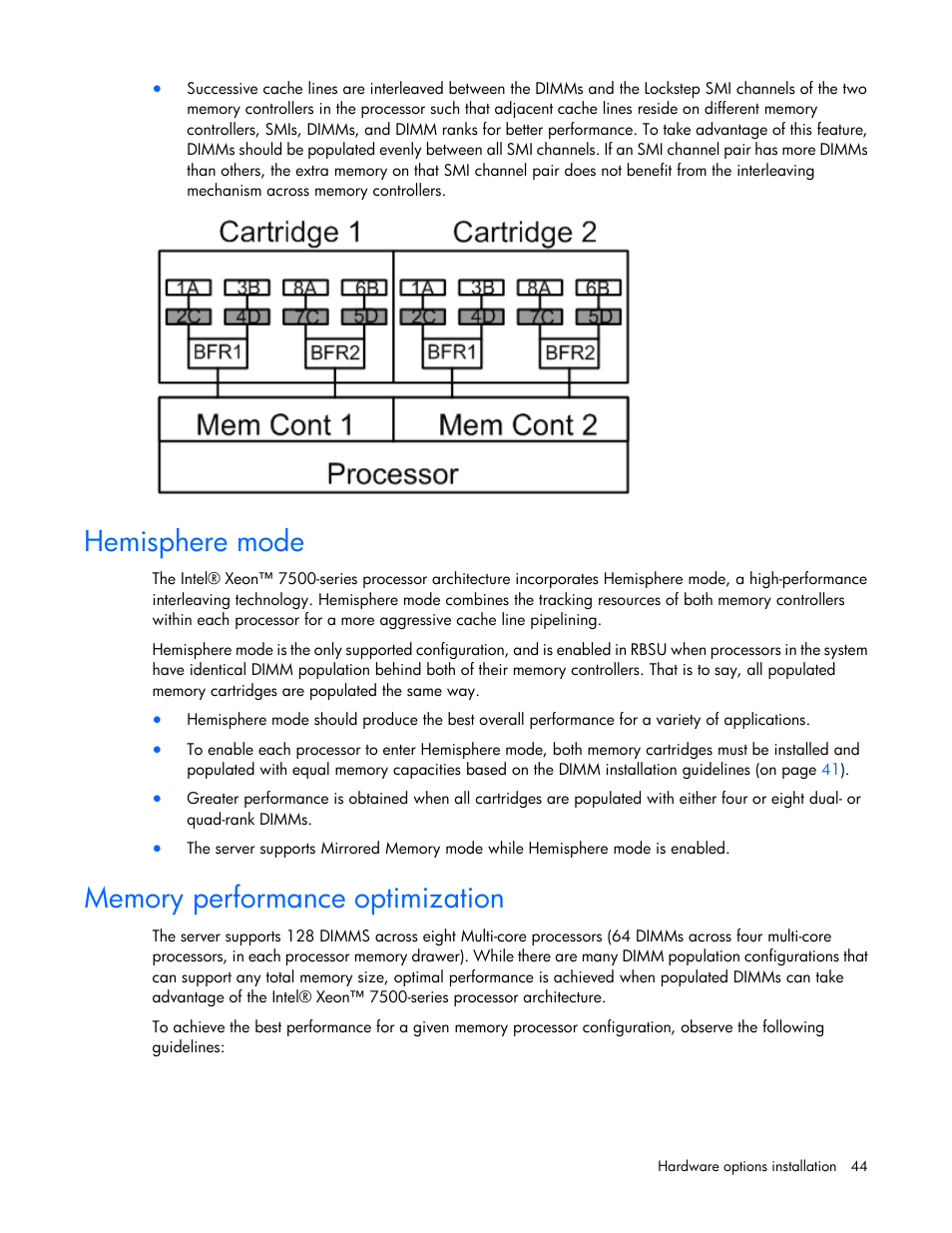 Hemisphere mode, Memory performance optimization | HP DL980 G7 User Manual | Page 44 / 134