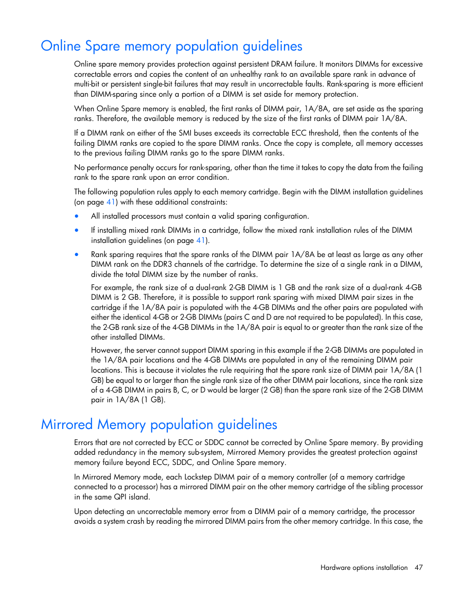 Online spare memory population guidelines, Mirrored memory population guidelines | HP DL980 G7 User Manual | Page 47 / 134