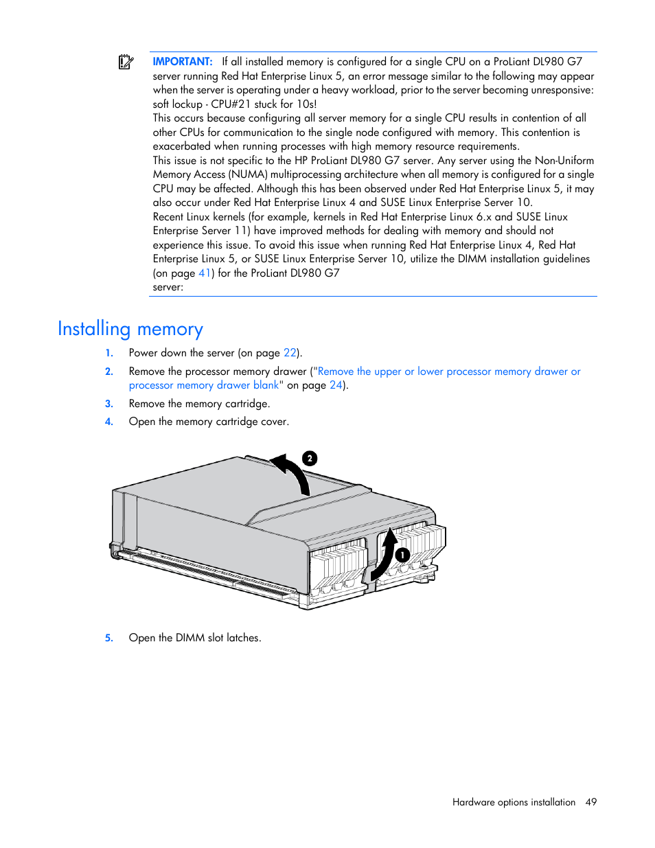 Installing memory | HP DL980 G7 User Manual | Page 49 / 134