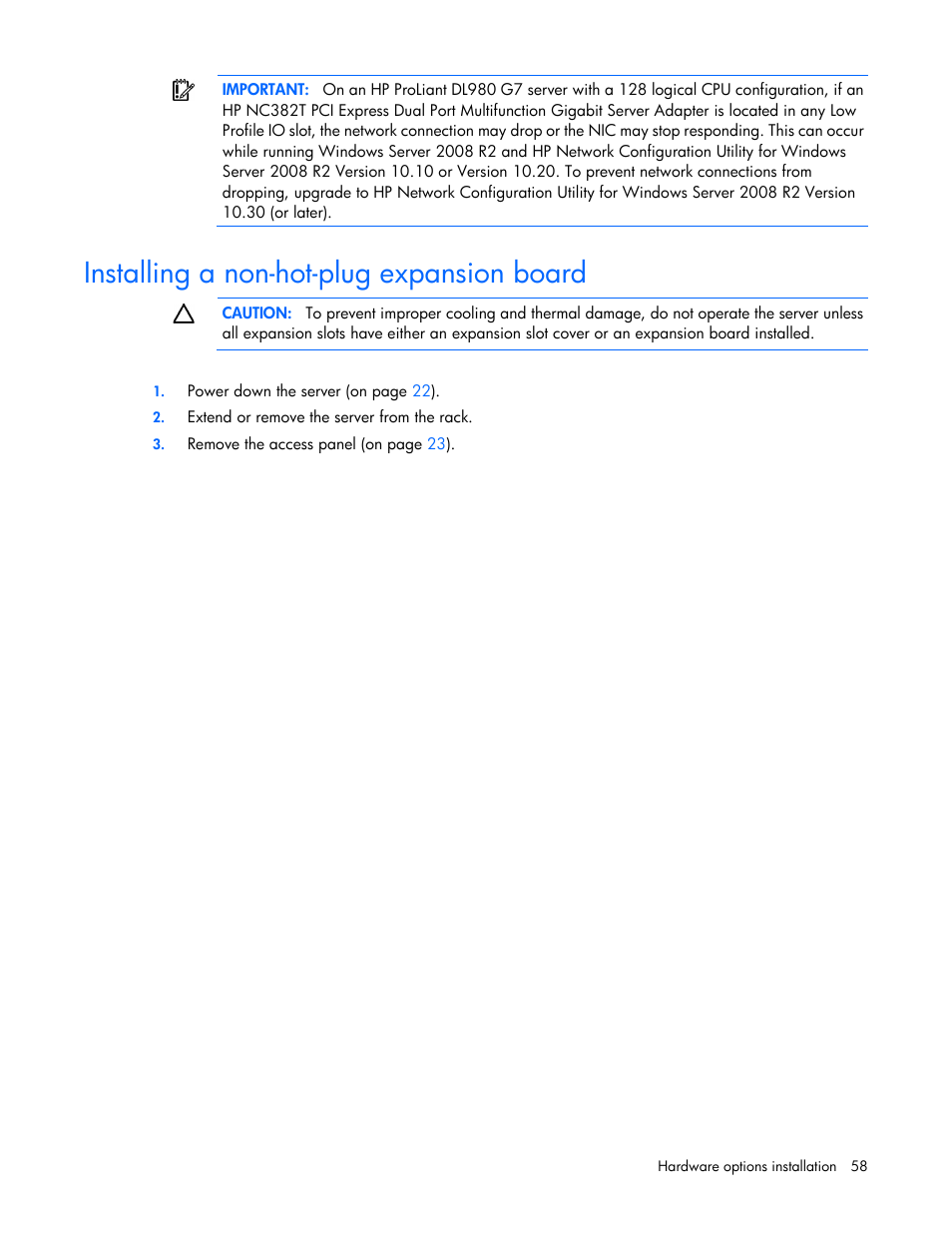 Installing a non-hot-plug expansion board | HP DL980 G7 User Manual | Page 58 / 134