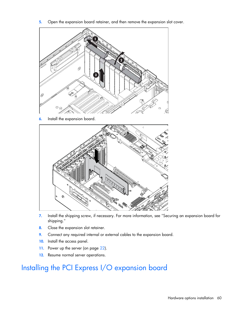 Installing the pci express i/o expansion board | HP DL980 G7 User Manual | Page 60 / 134