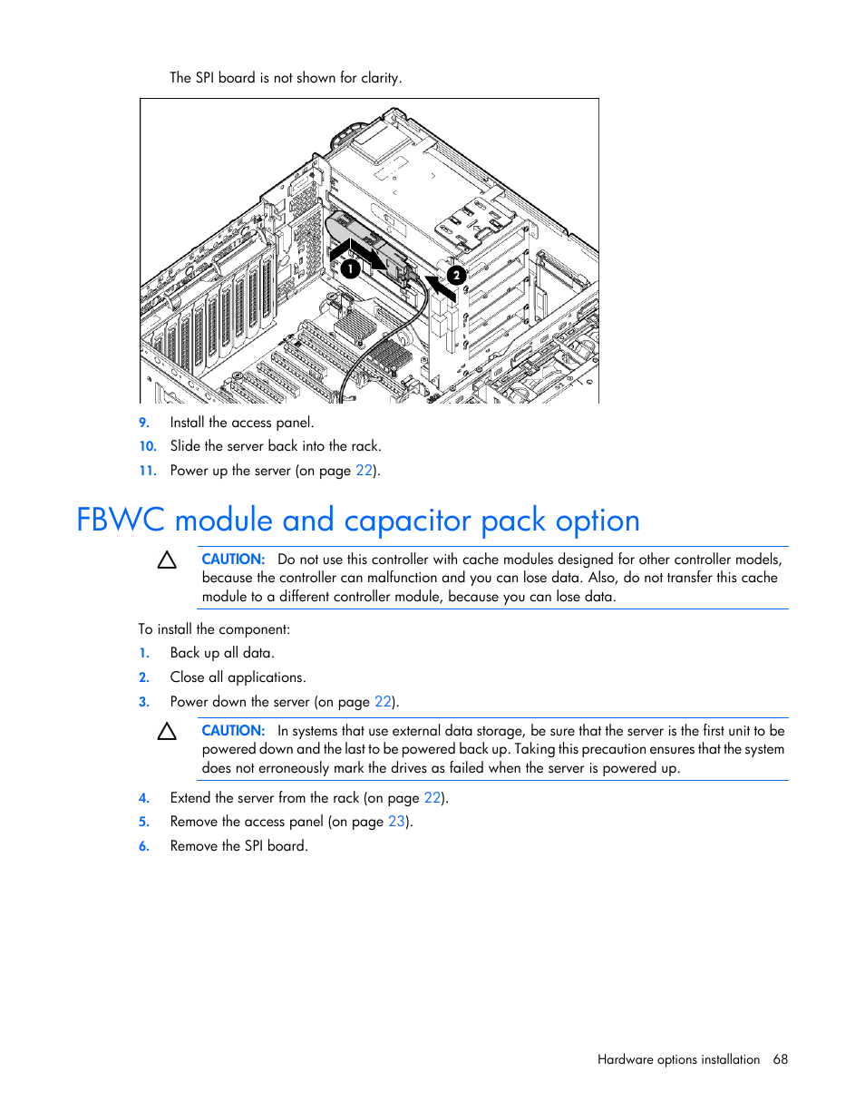 Fbwc module and capacitor pack option | HP DL980 G7 User Manual | Page 68 / 134