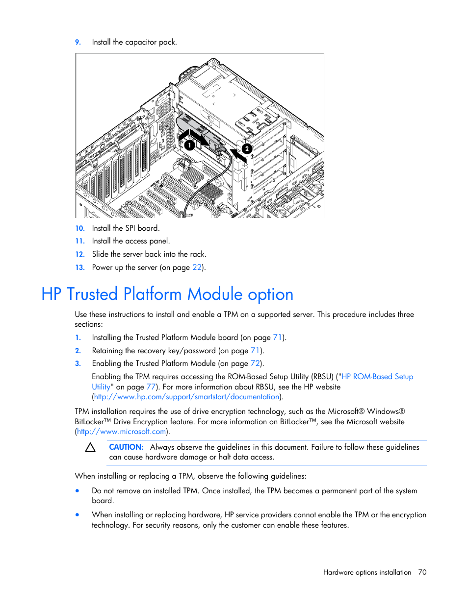 Hp trusted platform module option | HP DL980 G7 User Manual | Page 70 / 134