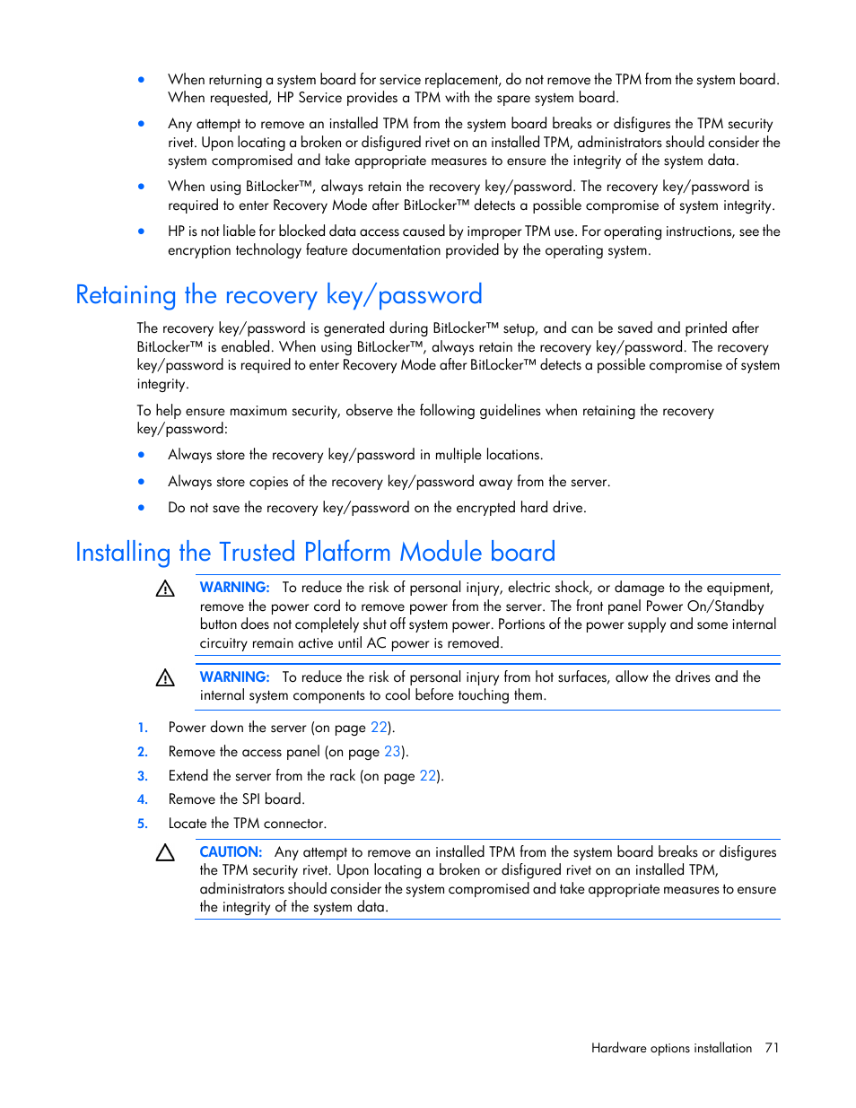 Retaining the recovery key/password, Installing the trusted platform module board | HP DL980 G7 User Manual | Page 71 / 134