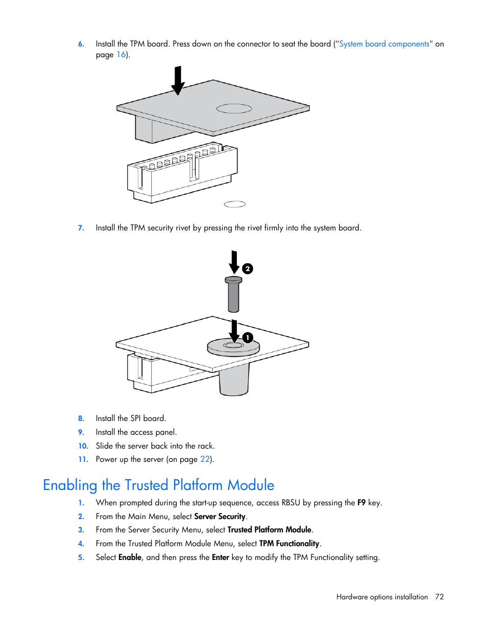 Enabling the trusted platform module | HP DL980 G7 User Manual | Page 72 / 134