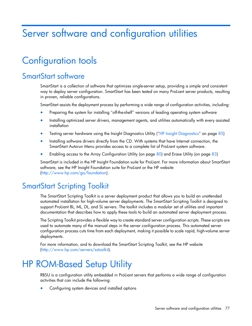 Server software and configuration utilities, Configuration tools, Smartstart software | Smartstart scripting toolkit, Hp rom-based setup utility, Hp rom-based setup, Utility | HP DL980 G7 User Manual | Page 77 / 134