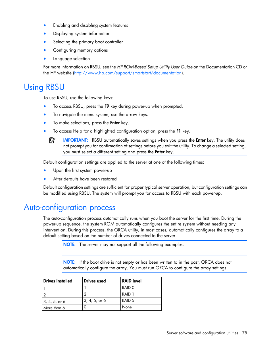 Using rbsu, Auto-configuration process | HP DL980 G7 User Manual | Page 78 / 134