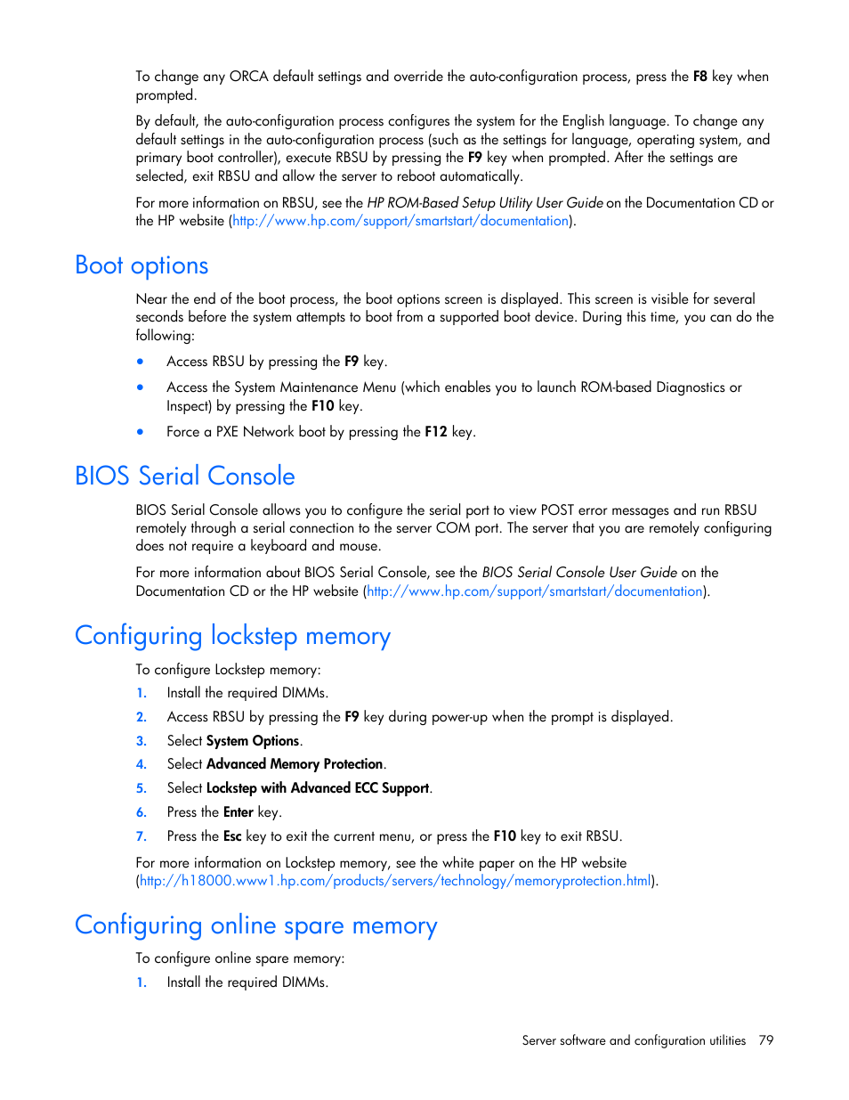 Boot options, Bios serial console, Configuring lockstep memory | Configuring online spare memory | HP DL980 G7 User Manual | Page 79 / 134