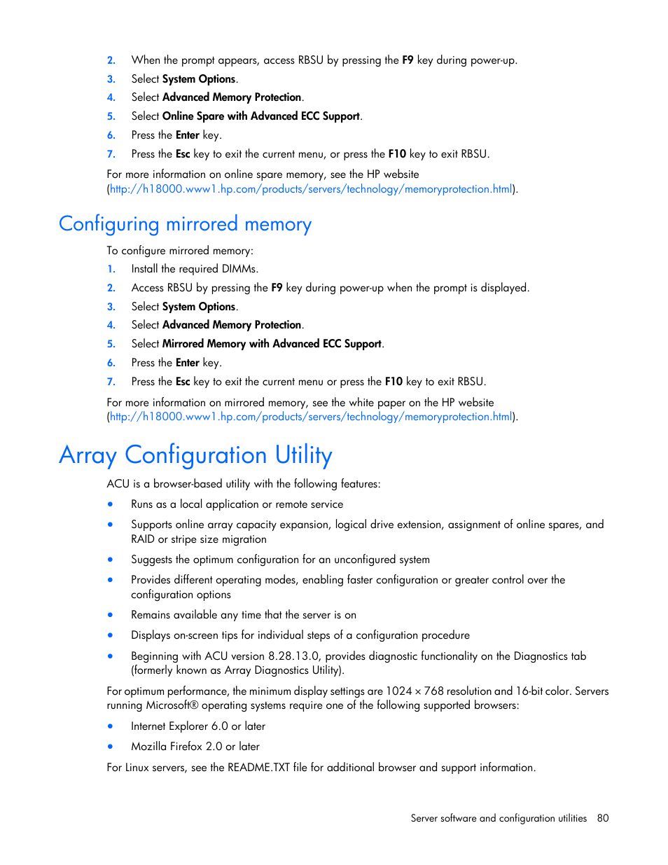 Configuring mirrored memory, Array configuration utility | HP DL980 G7 User Manual | Page 80 / 134