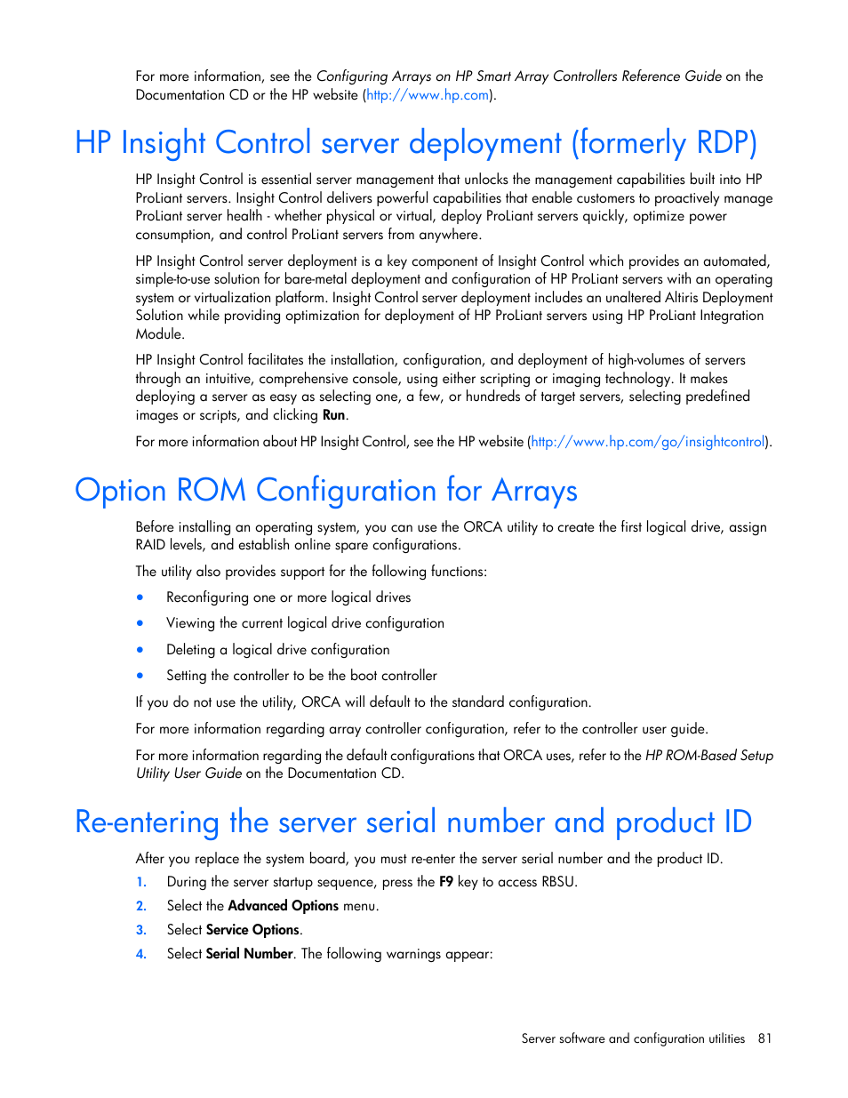 Option rom configuration for arrays | HP DL980 G7 User Manual | Page 81 / 134