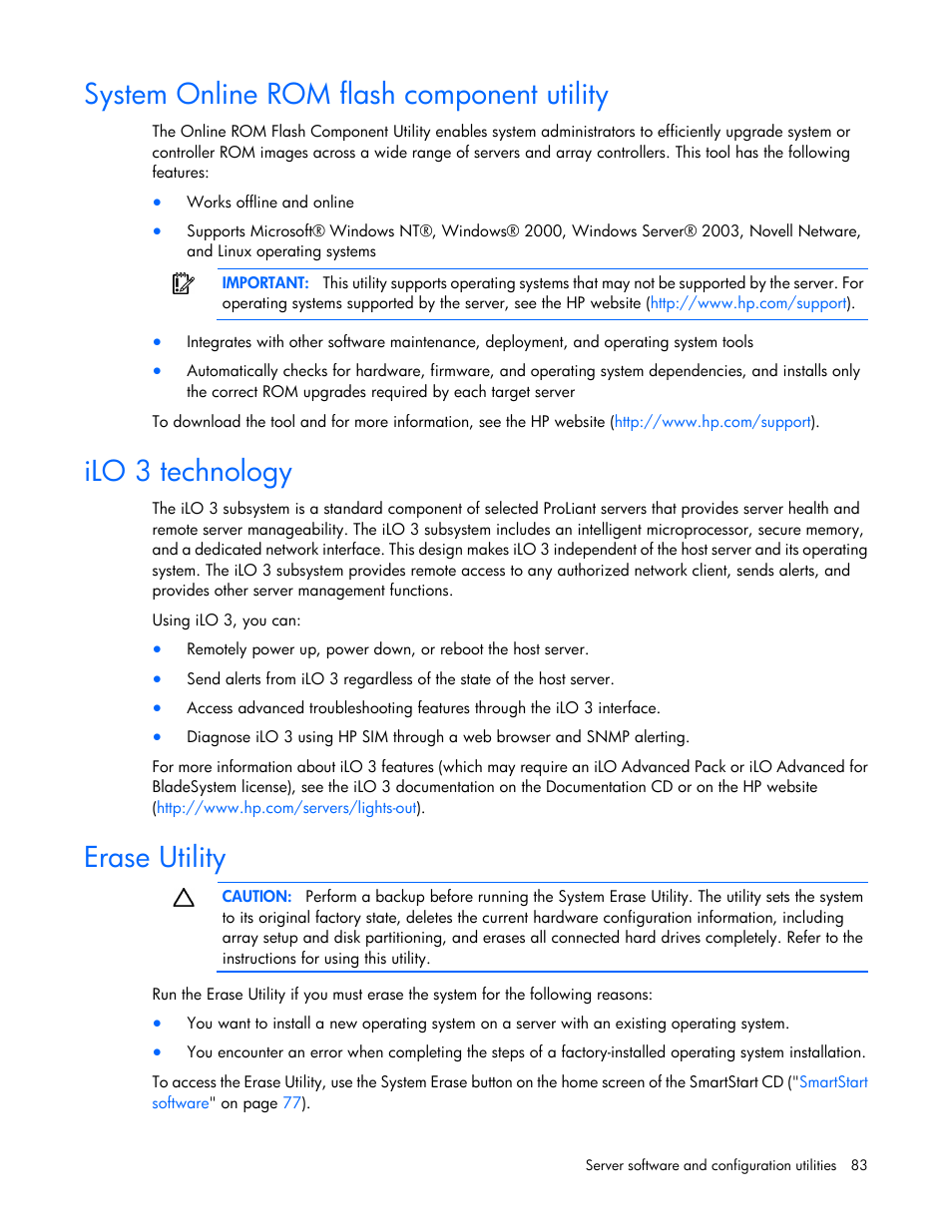 System online rom flash component utility, Ilo 3 technology, Erase utility | HP DL980 G7 User Manual | Page 83 / 134