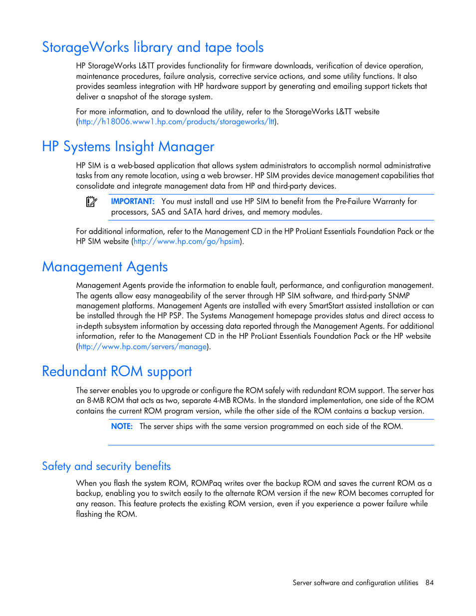 Storageworks library and tape tools, Hp systems insight manager, Management agents | Redundant rom support, Safety and security benefits | HP DL980 G7 User Manual | Page 84 / 134