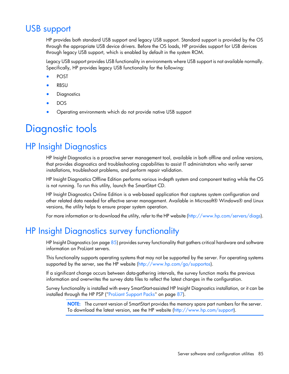 Usb support, Diagnostic tools, Hp insight diagnostics | Hp insight diagnostics survey functionality | HP DL980 G7 User Manual | Page 85 / 134