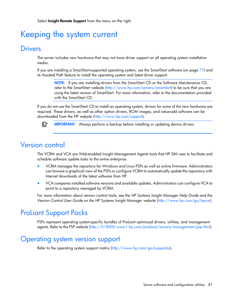 Keeping the system current, Drivers, Version control | Proliant support packs, Operating system version support | HP DL980 G7 User Manual | Page 87 / 134