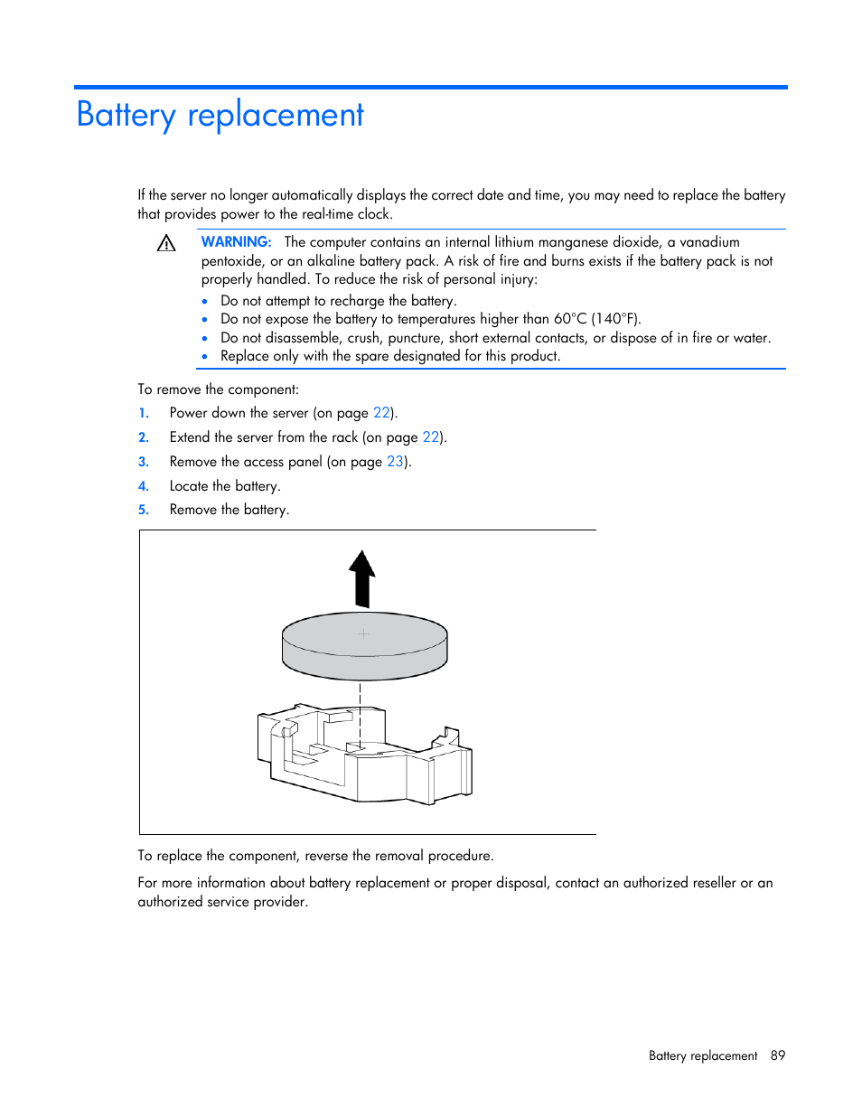 Battery replacement | HP DL980 G7 User Manual | Page 89 / 134